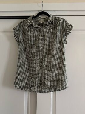 Max Studio Top Womens Green Gingham Plaid Ruffle Sleeve Button Up Cottagecore